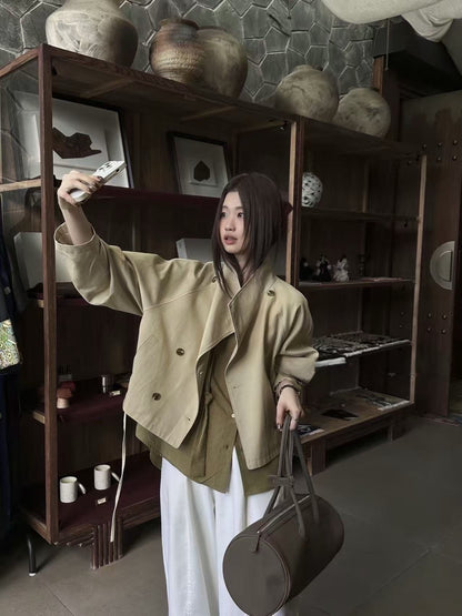 The Seoul U-Ka Cropped Balloon Trench Jacket - Designer Moto Cropped Coat