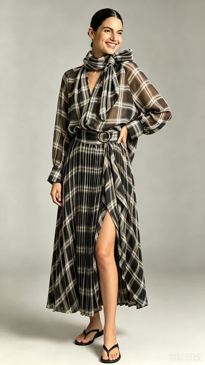 The Audrey Plaid Co-Ord Set - Bow Blouse &amp; Pleated Skirt