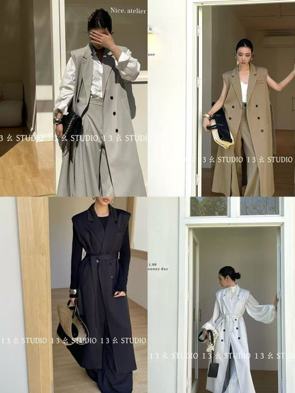 The Power CEO Long Vest 2-Piece Pant Set - Double Breasted Vest + Wide Palazzo Pants