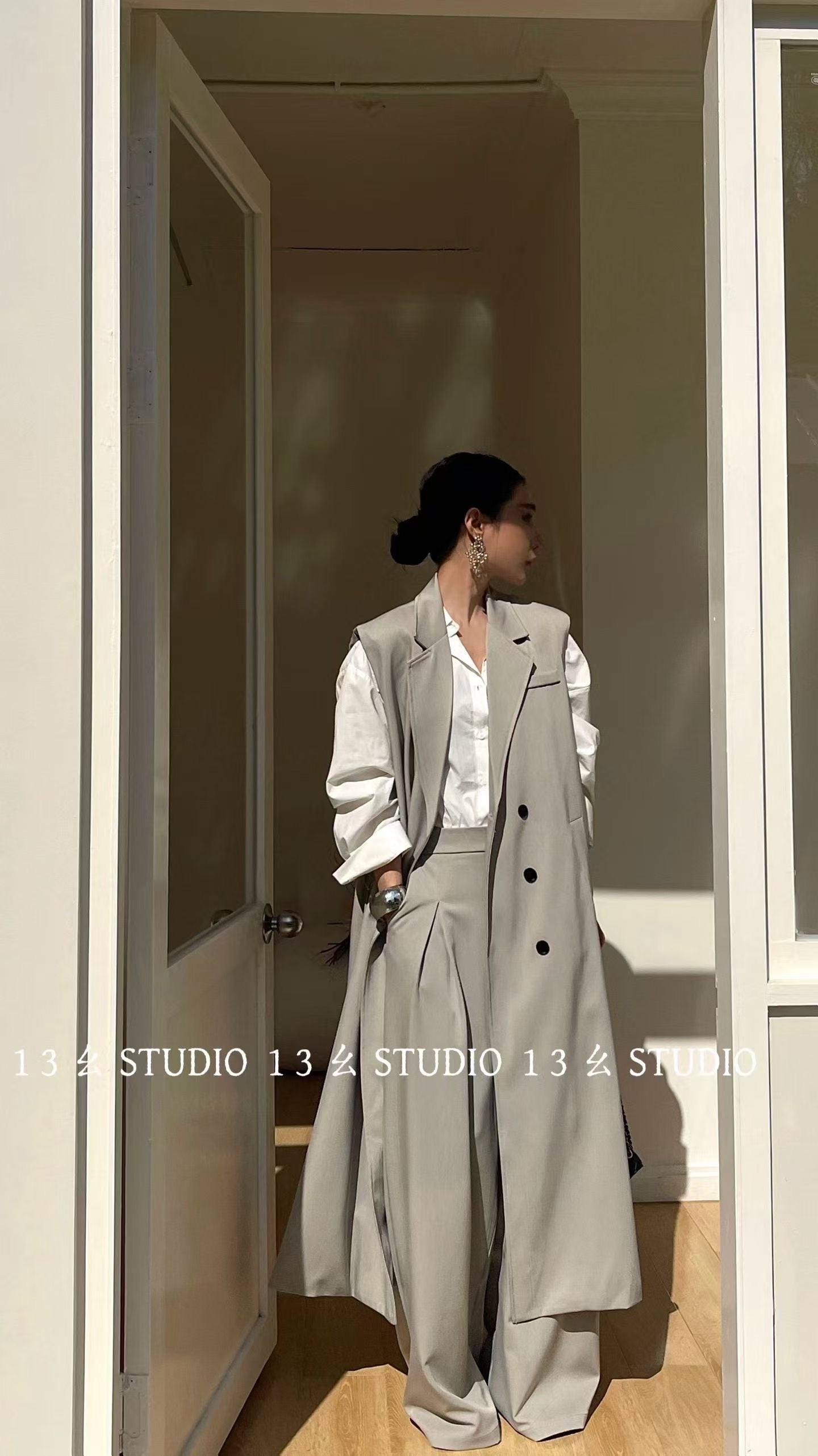 Long Vest Set With Wide Pants - Minimal Chic 2 Piece Suit