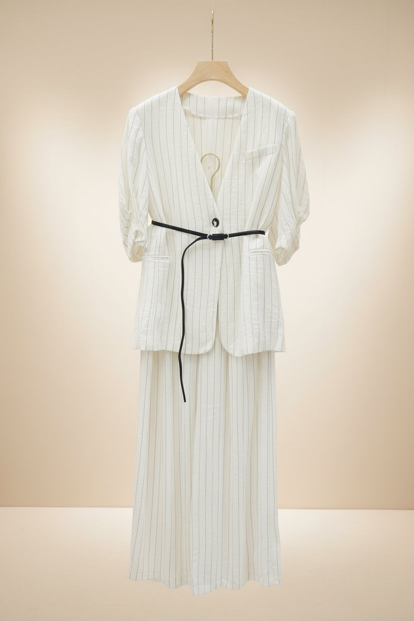 The Old Money Pinstripe Blazer + Palazzo Set - Quiet Luxury Power Suit