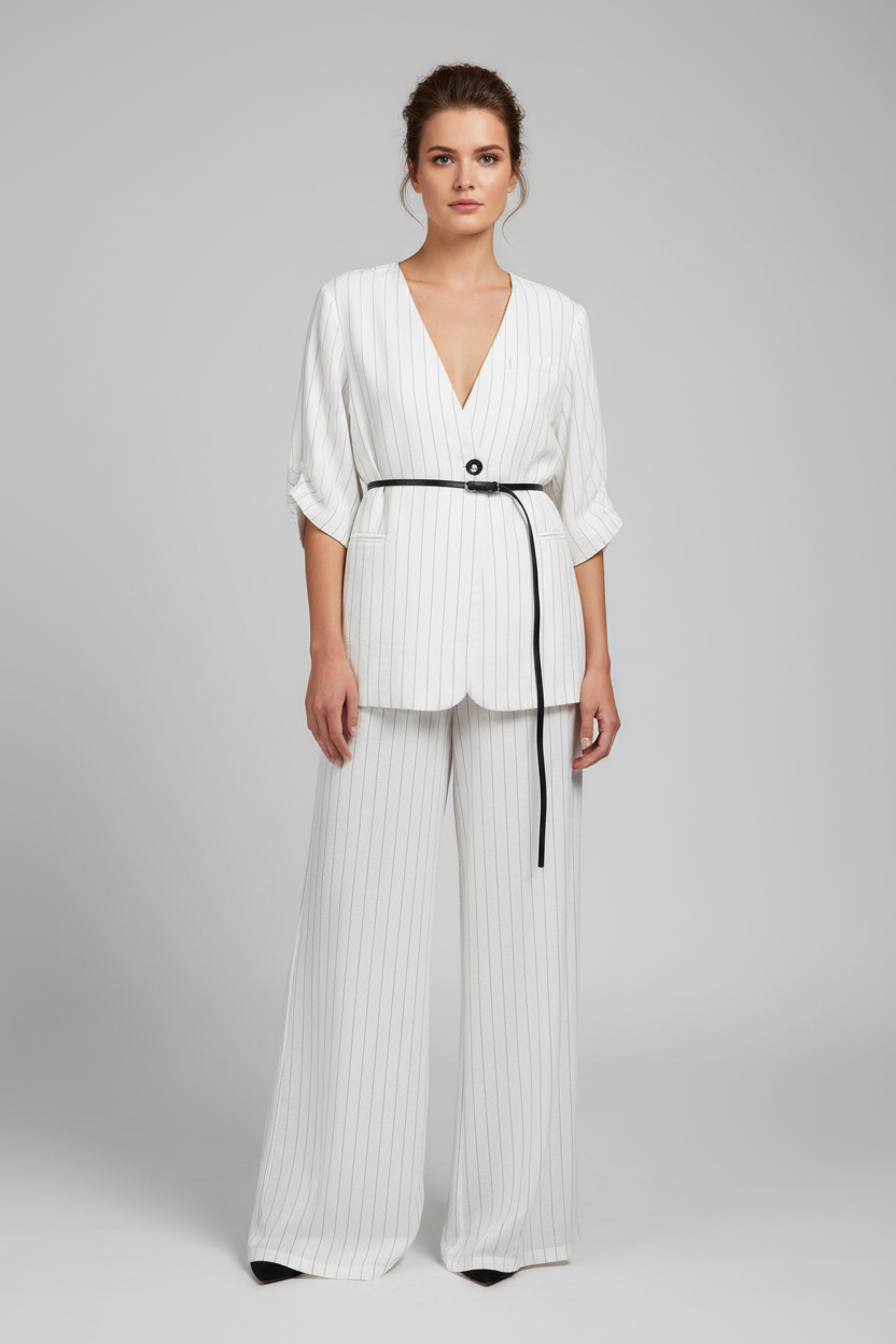 The Old Money Pinstripe Blazer + Palazzo Set - Quiet Luxury Power Suit