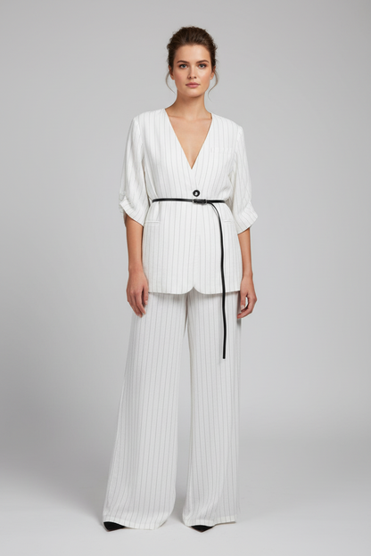 The Old Money Pinstripe Blazer + Palazzo Set - Quiet Luxury Power Suit