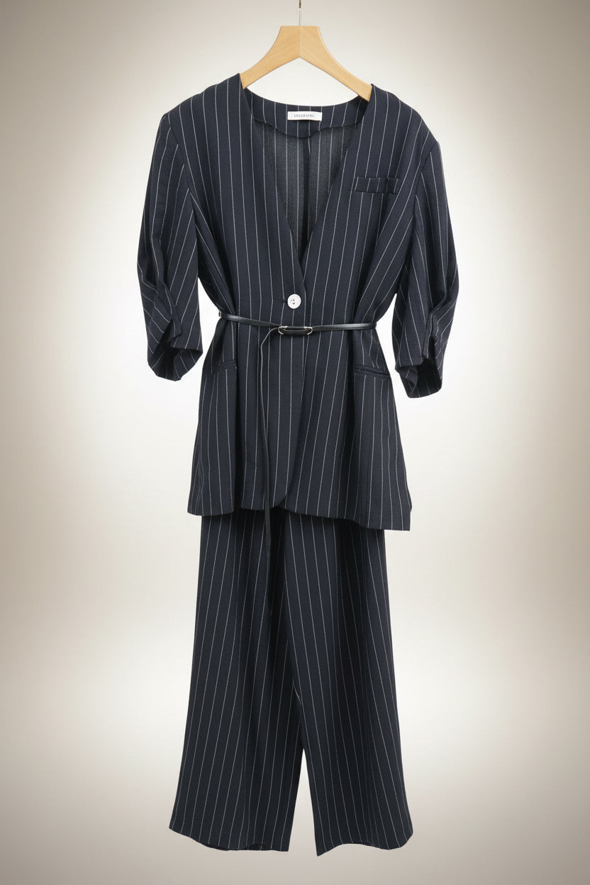The Old Money Pinstripe Blazer + Palazzo Set - Quiet Luxury Power Suit