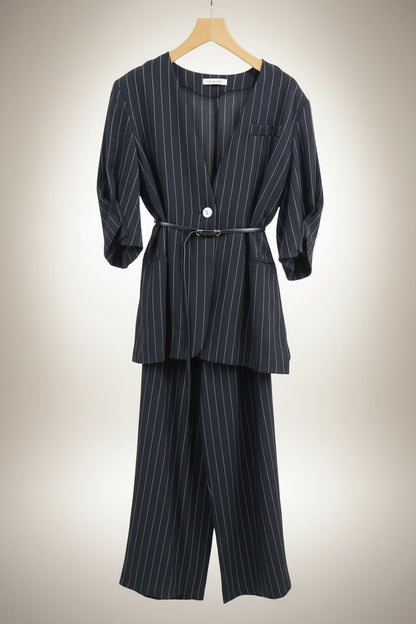 The Old Money Pinstripe Blazer + Palazzo Set - Quiet Luxury Power Suit