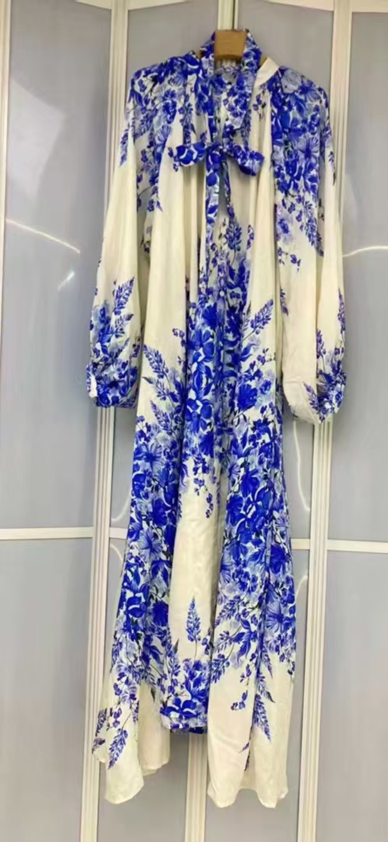 NAME: The Porcelain Floral Bow Maxi Dress - Blue &amp; White