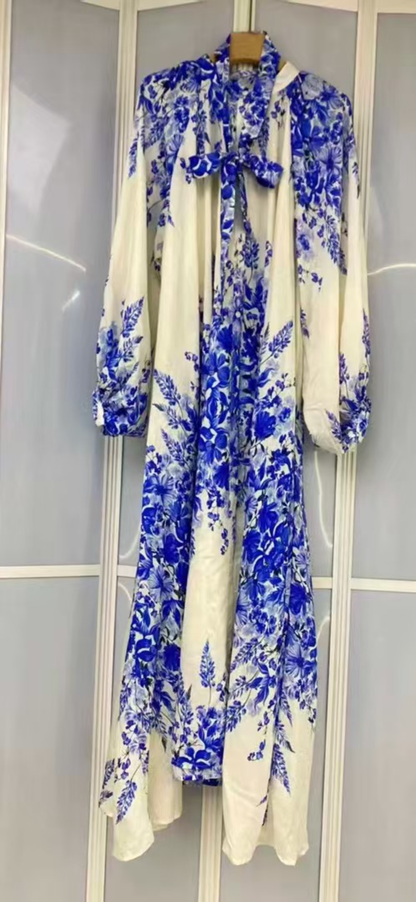 NAME: The Porcelain Floral Bow Maxi Dress - Blue &amp; White