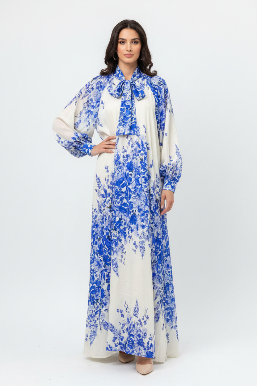 NAME: The Porcelain Floral Bow Maxi Dress - Blue &amp; White