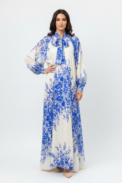 NAME: The Porcelain Floral Bow Maxi Dress - Blue &amp; White