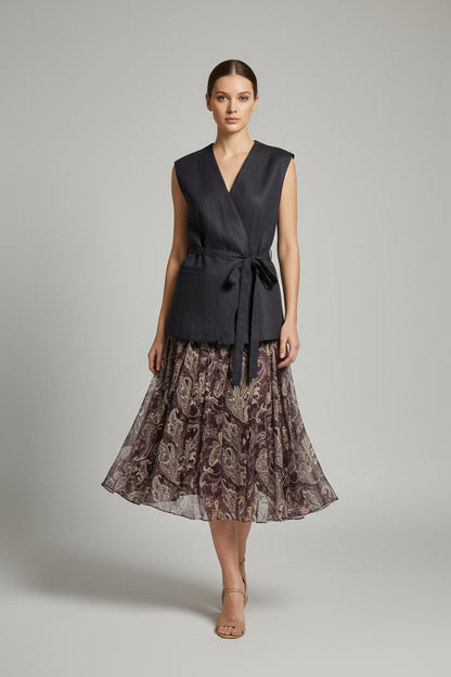 The Boho Linen Wrap Vest + Paisley Chiffon Skirt Set - Quiet Luxury 2pc