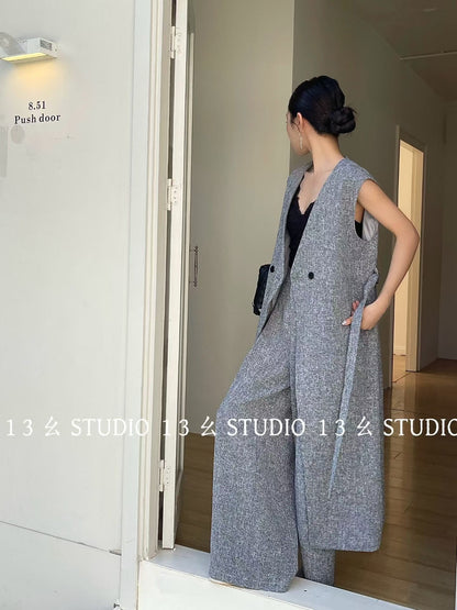 Long Vest Set With Wide Pants - Minimal Chic 2 Piece Suit