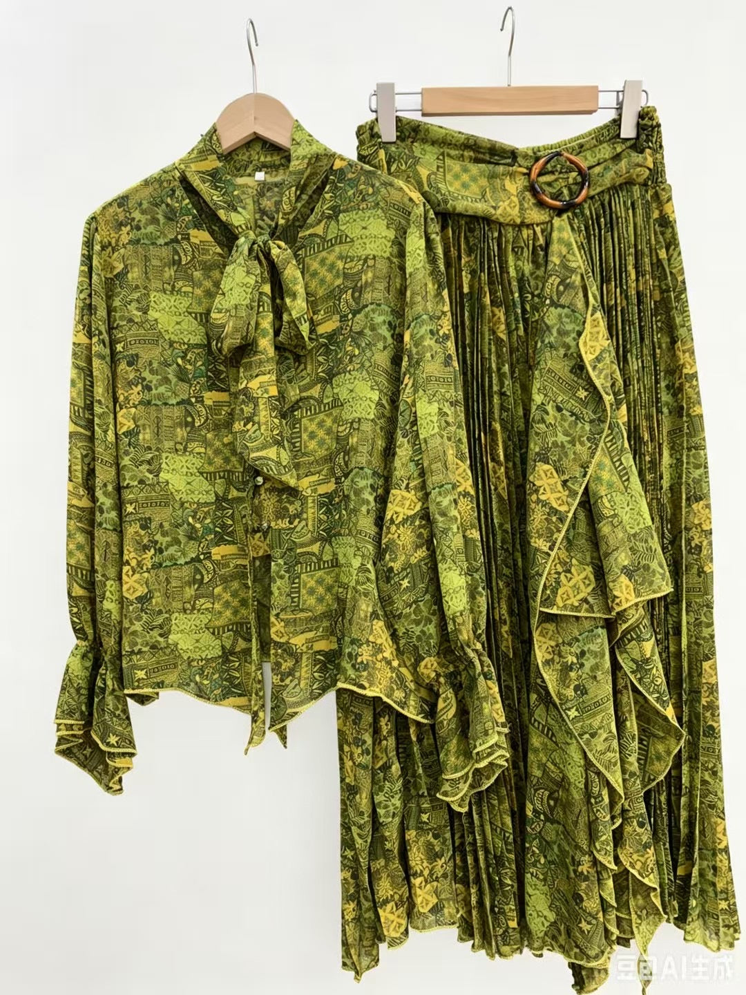 The Vintage Pleated Tie Dress - 2 Piece Look Set - Brown &amp; Green