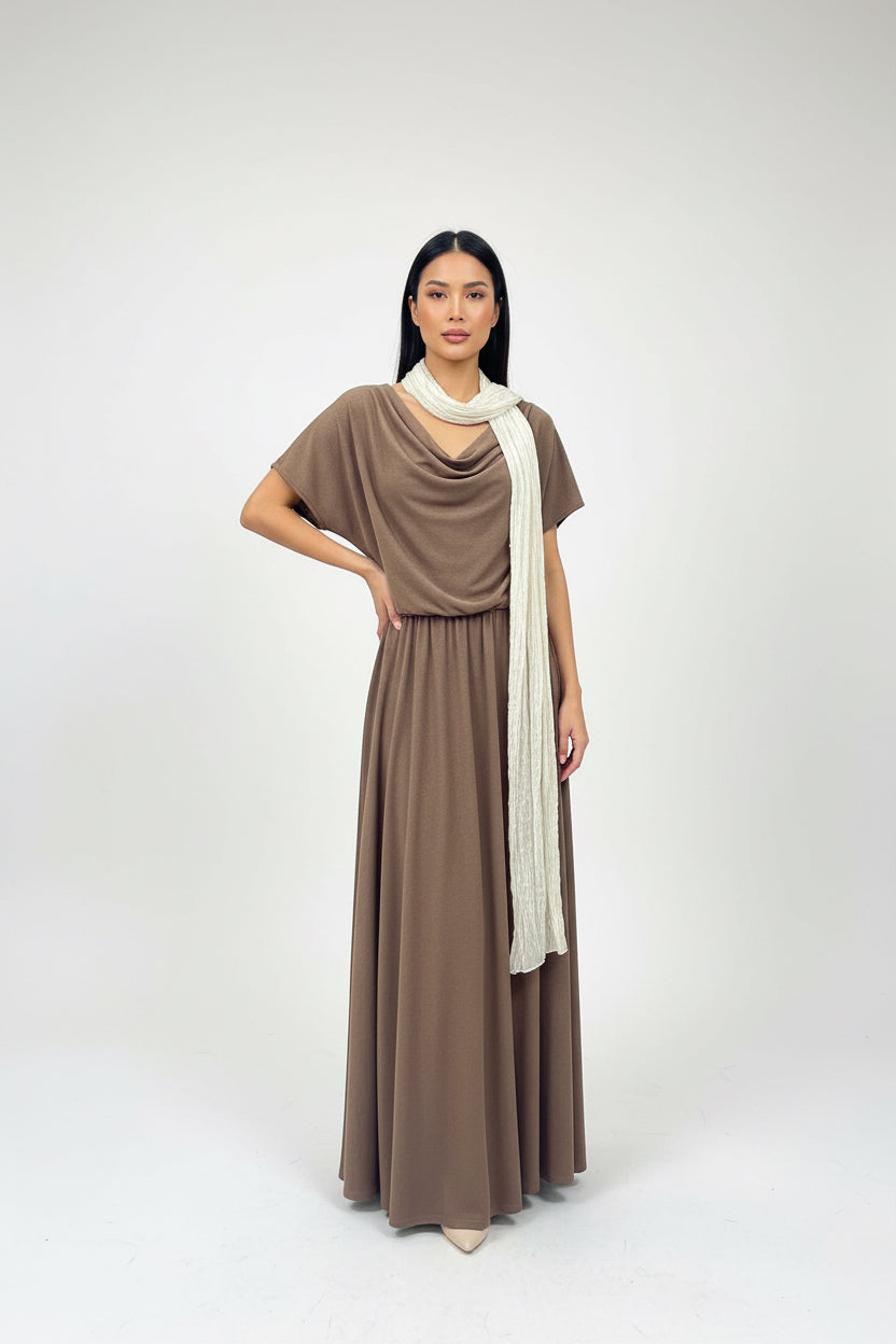 Draped Cowl Neck Dress With Scarf - Long Modest Dress
