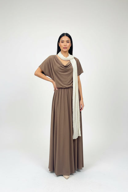 Draped Cowl Neck Dress With Scarf - Long Modest Dress