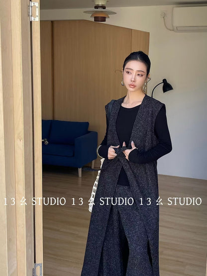 Long Vest Set With Wide Pants - Minimal Chic 2 Piece Suit