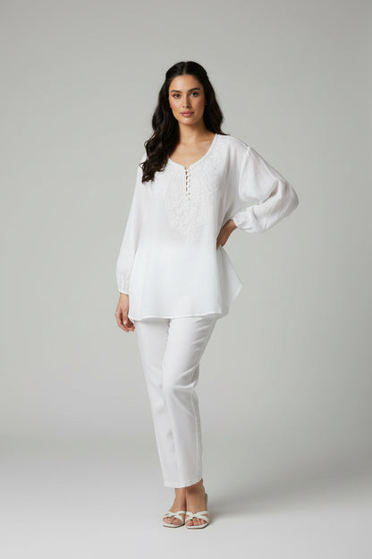The Pearl Beaded Linen Tunic Top - Luxury Embellished Blouse