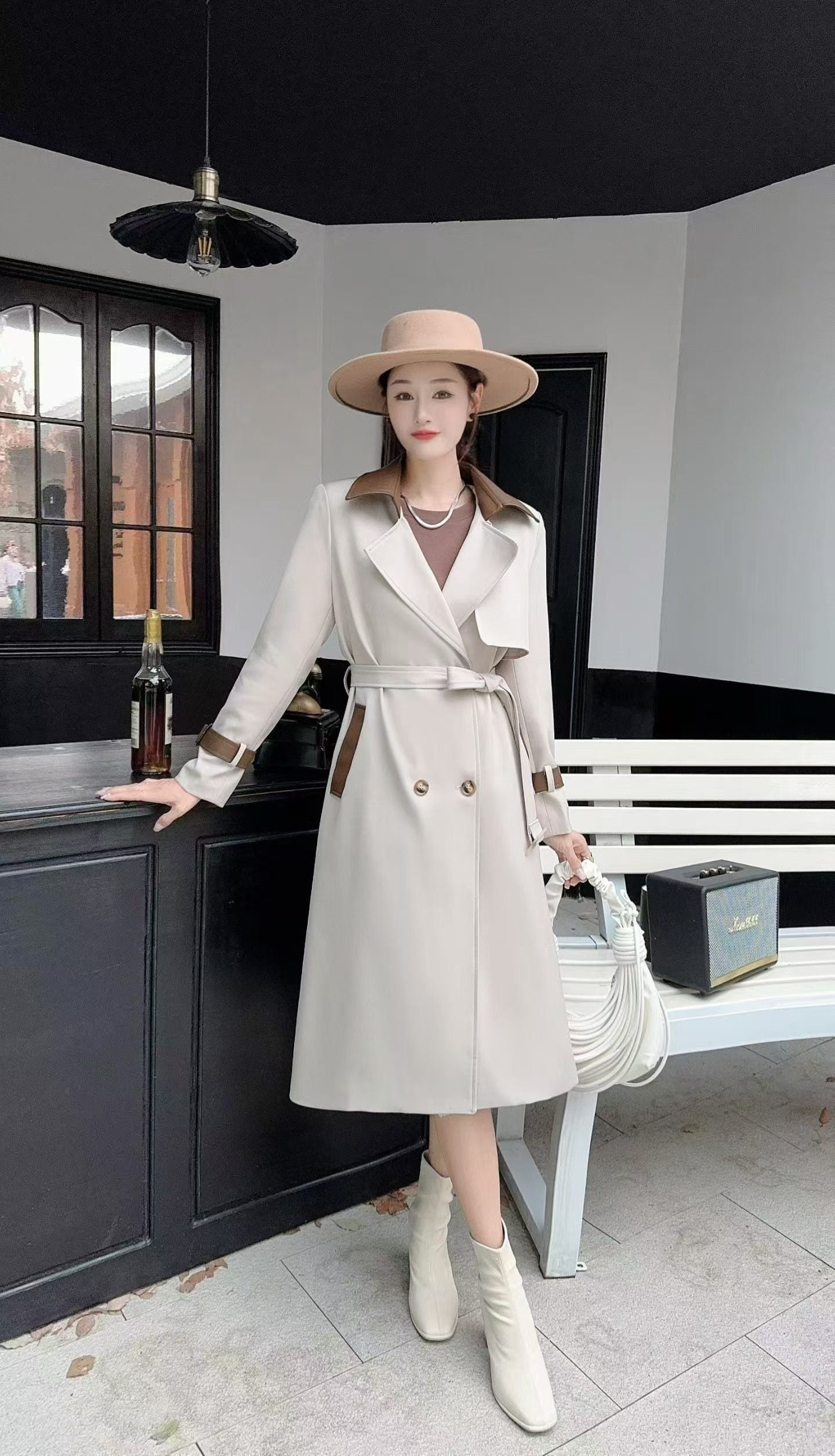 Contrast Collar Double-Breasted Long Trench Coat - With Belt