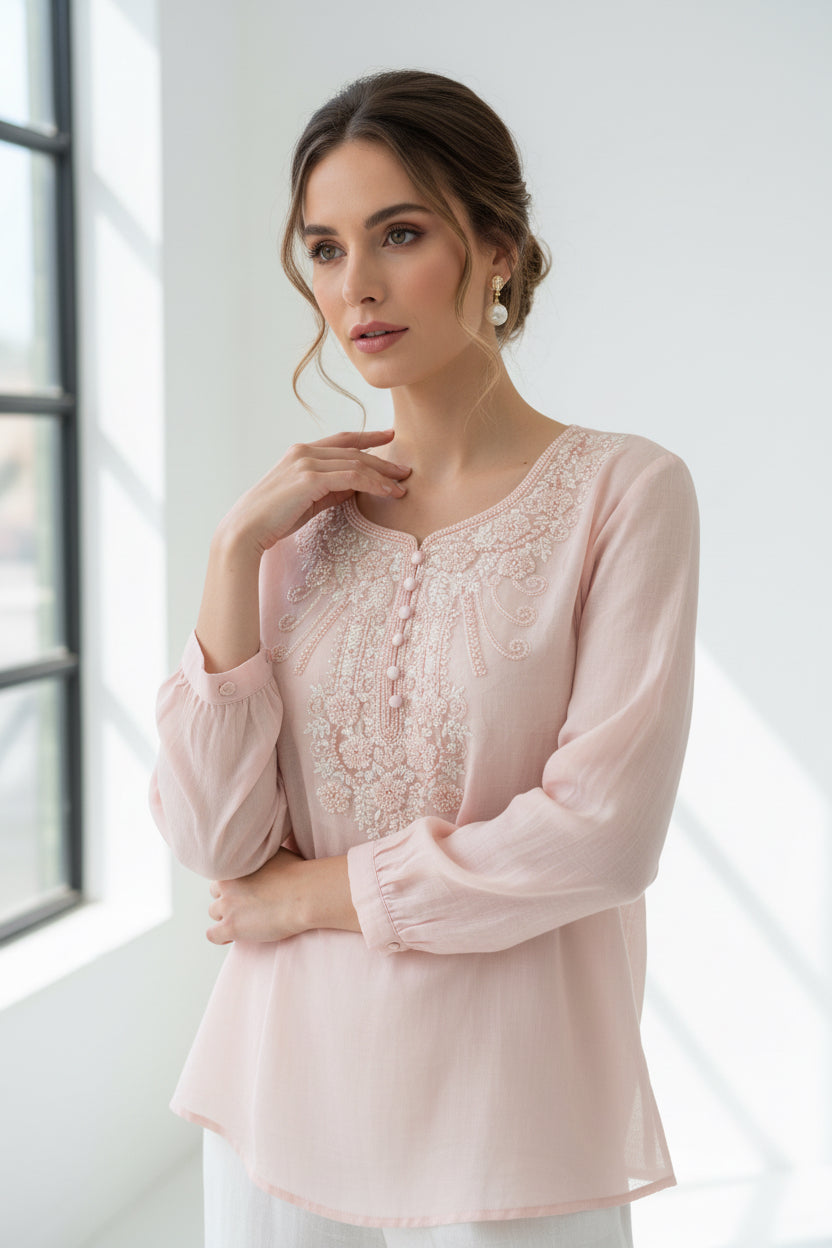 The Pearl Beaded Linen Tunic Top - Luxury Embellished Blouse