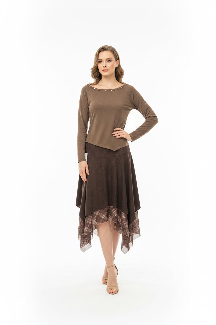 Studded Top With Asymmetrical Suede Skirt Set - 2 Piece