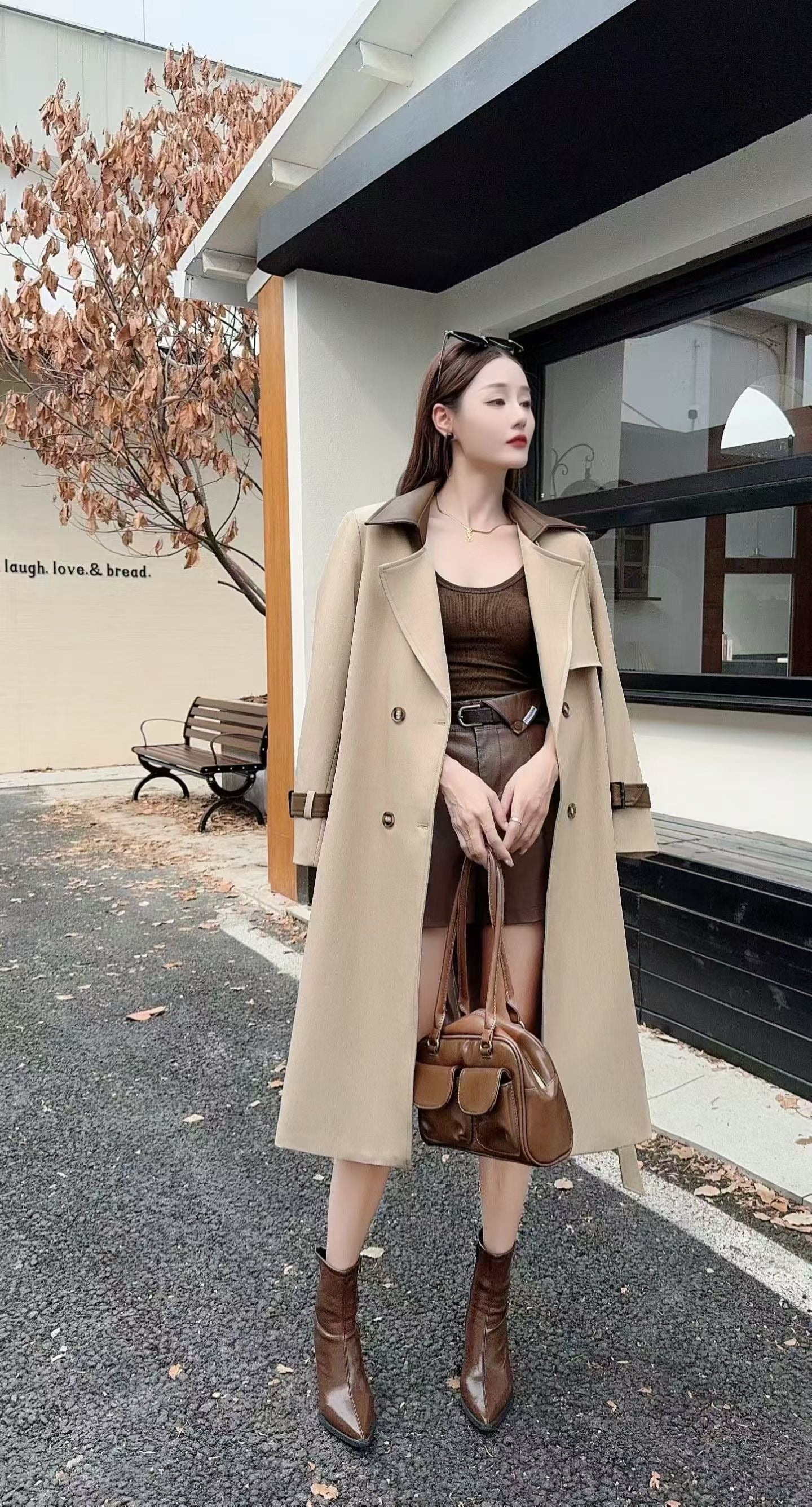 Contrast Collar Double-Breasted Long Trench Coat - With Belt