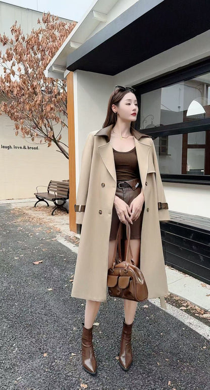 Contrast Collar Double-Breasted Long Trench Coat - With Belt