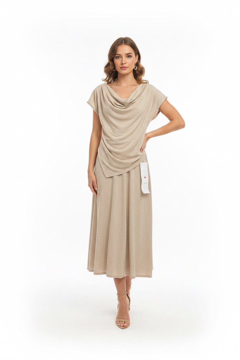 Draped Cowl Neck Dress With Scarf - Long Modest Dress