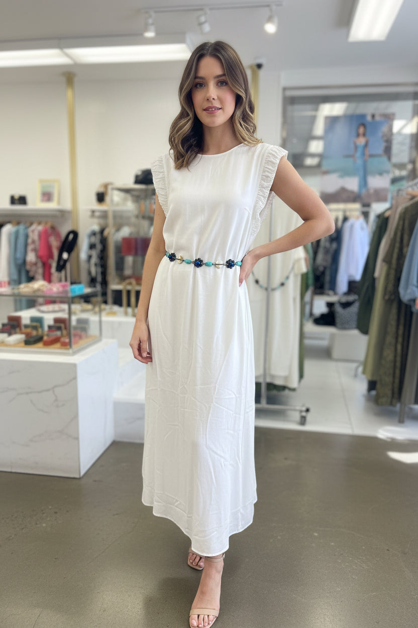 The Beaded Boho Linen Ruffle Maxi Dress - Old Money Chic