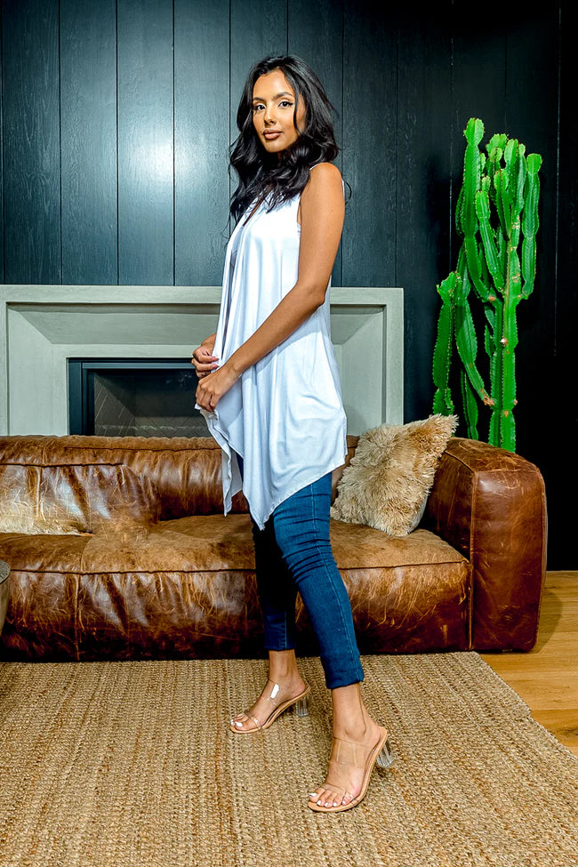 Asymmetrical Handkerchief Draped Open Front Sleeveless Duster Cardigan Vest
