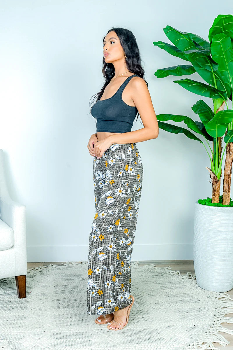 Beige Floral Herringbone Plaid Print Flare Pants