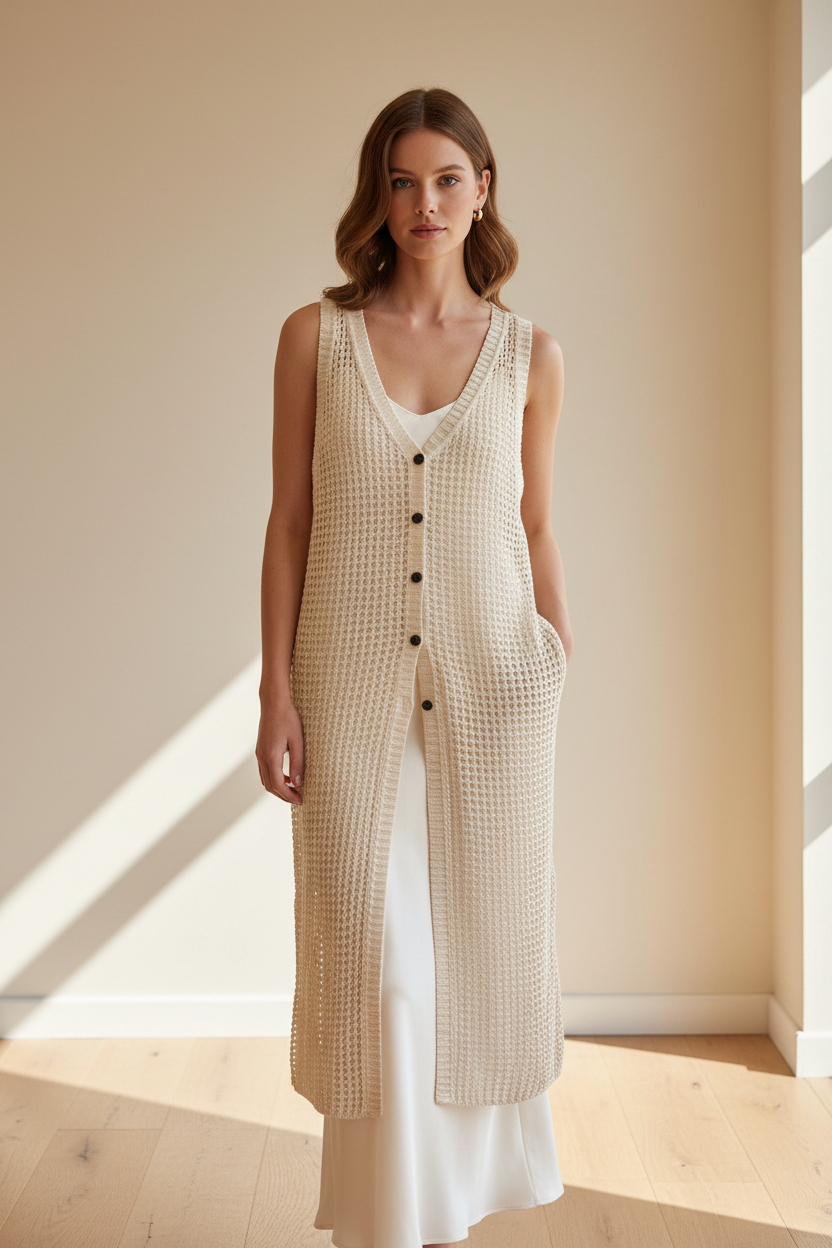 The Old Money Crochet Knit Long Vest - Quiet Luxury Layer