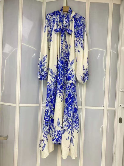 NAME: The Porcelain Floral Bow Maxi Dress - Blue &amp; White