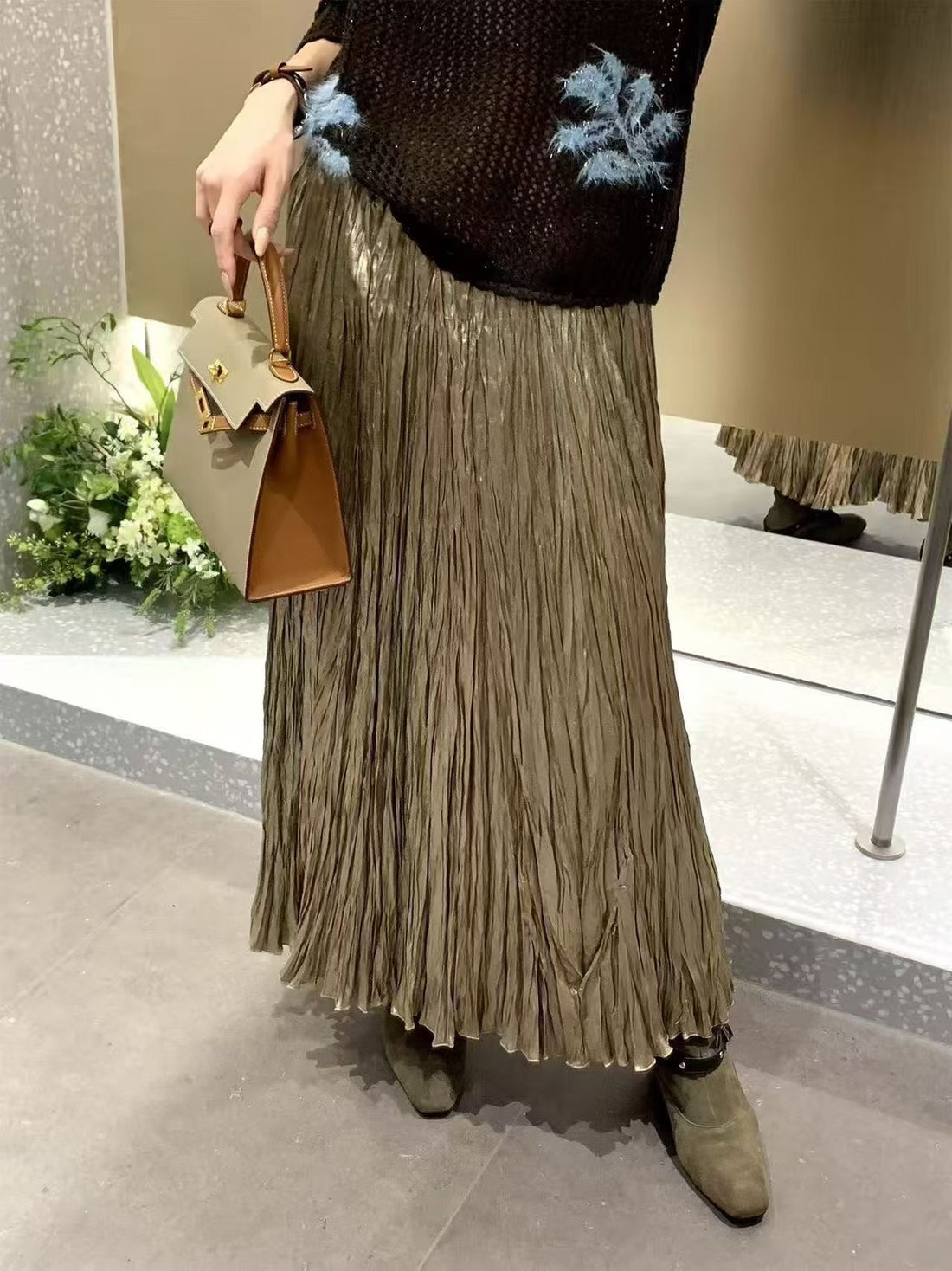 SHORT TITLE: Metallic Pleated Maxi Skirt