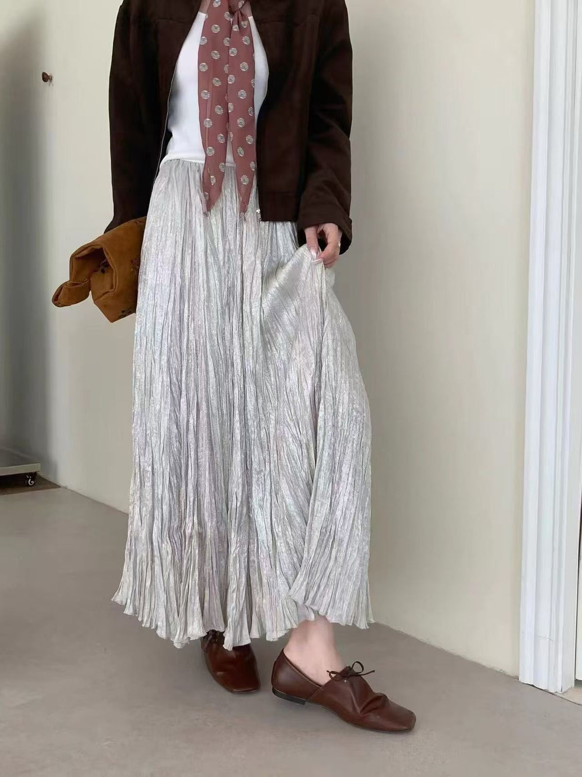 SHORT TITLE: Metallic Pleated Maxi Skirt