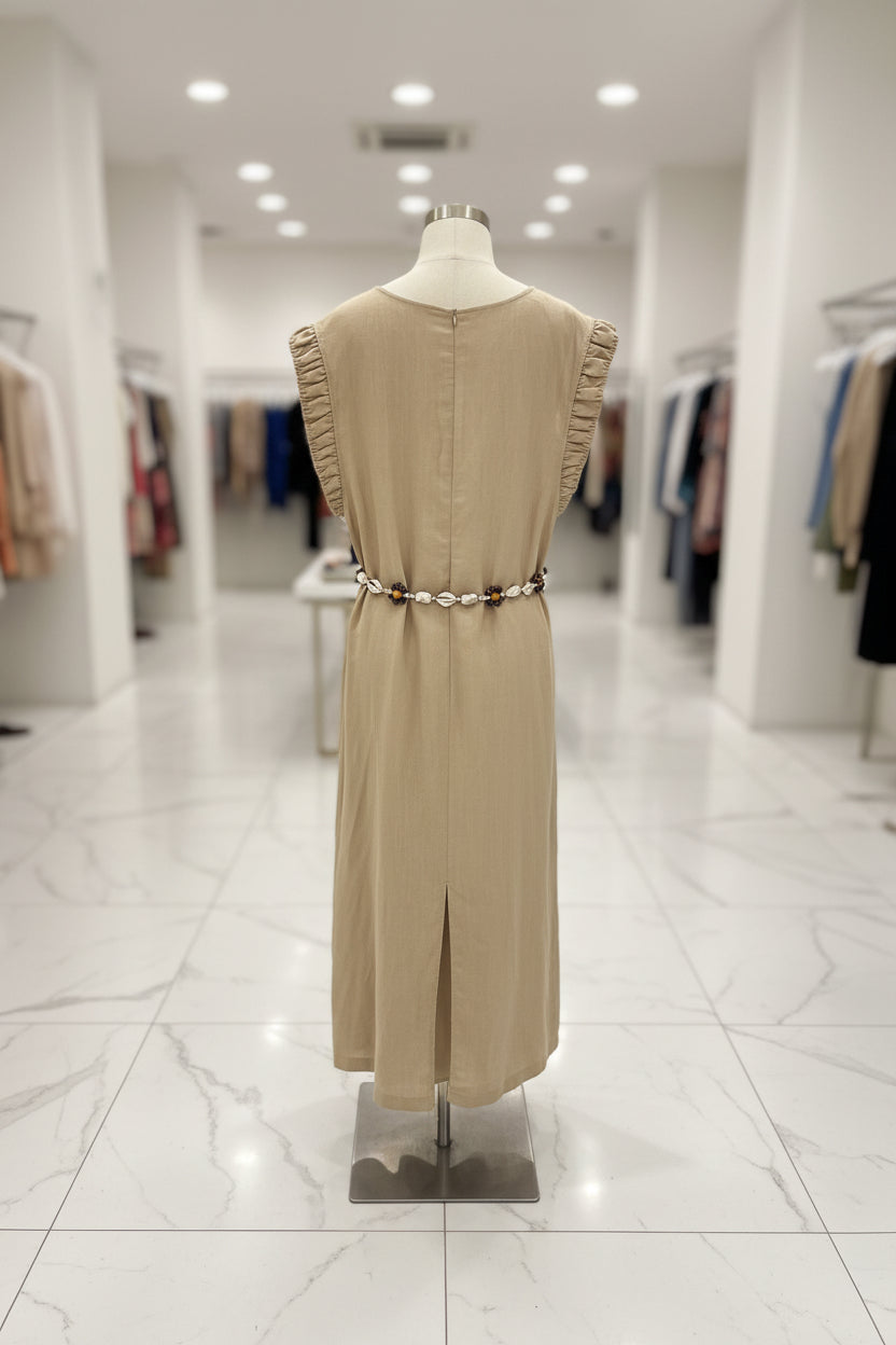 The Beaded Boho Linen Ruffle Maxi Dress - Old Money Chic