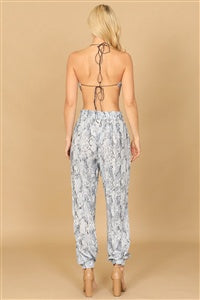 Women’s Blue Cowl Neck Halter Snake Print Top &amp; Pants Set
