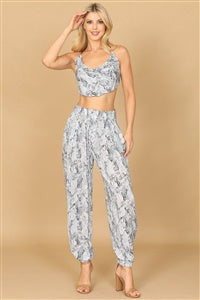 Women’s Blue Cowl Neck Halter Snake Print Top &amp; Pants Set