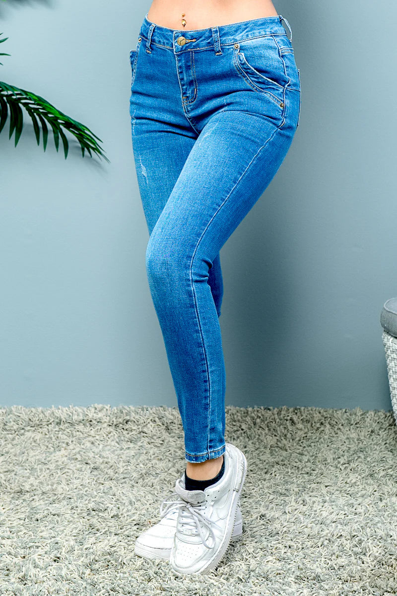 Body' 4 Pocket Skinny Denim Jeans With Light Distressed Detail In Medium Blue