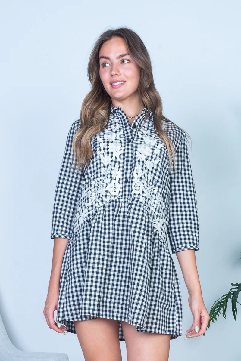 Bohemian Plaid Floral Embroidered 3/4 Sleeve Button Up Mini Dress