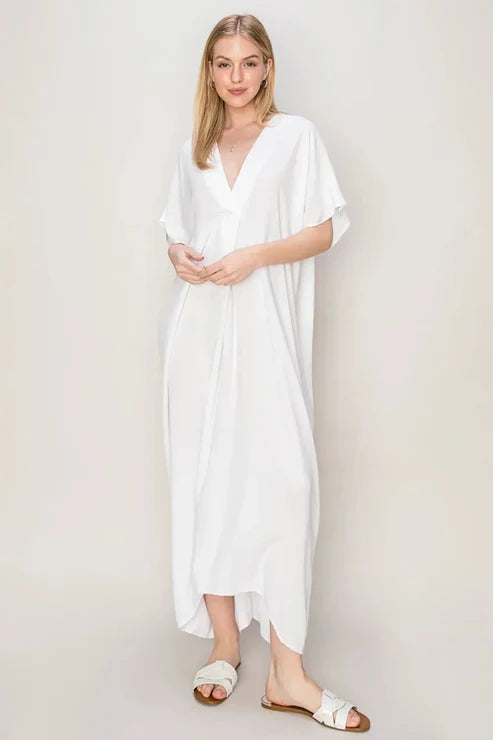 Breezy Elegant V-Neck Dolman Sleeves Beach Coverup Kaftan Dress