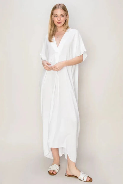 Breezy Elegant V-Neck Dolman Sleeves Beach Coverup Kaftan Dress