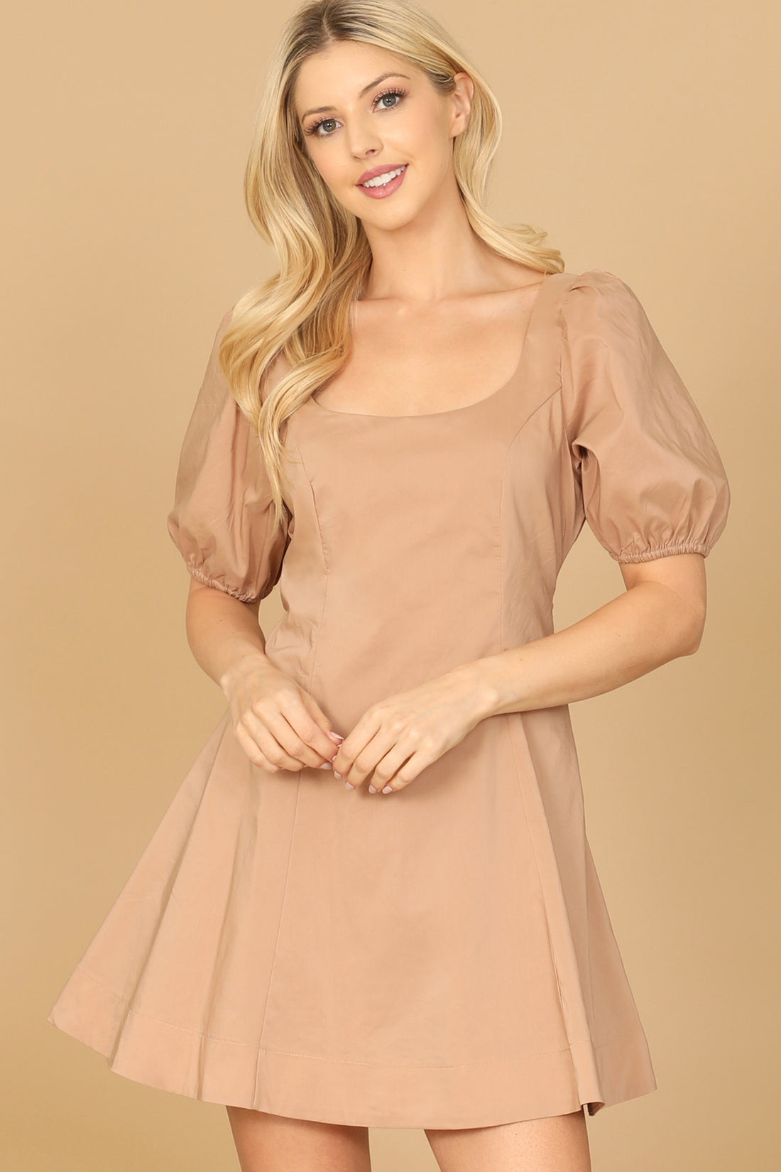 Brown Puff Sleeve Scoop Neck A-Line Dress