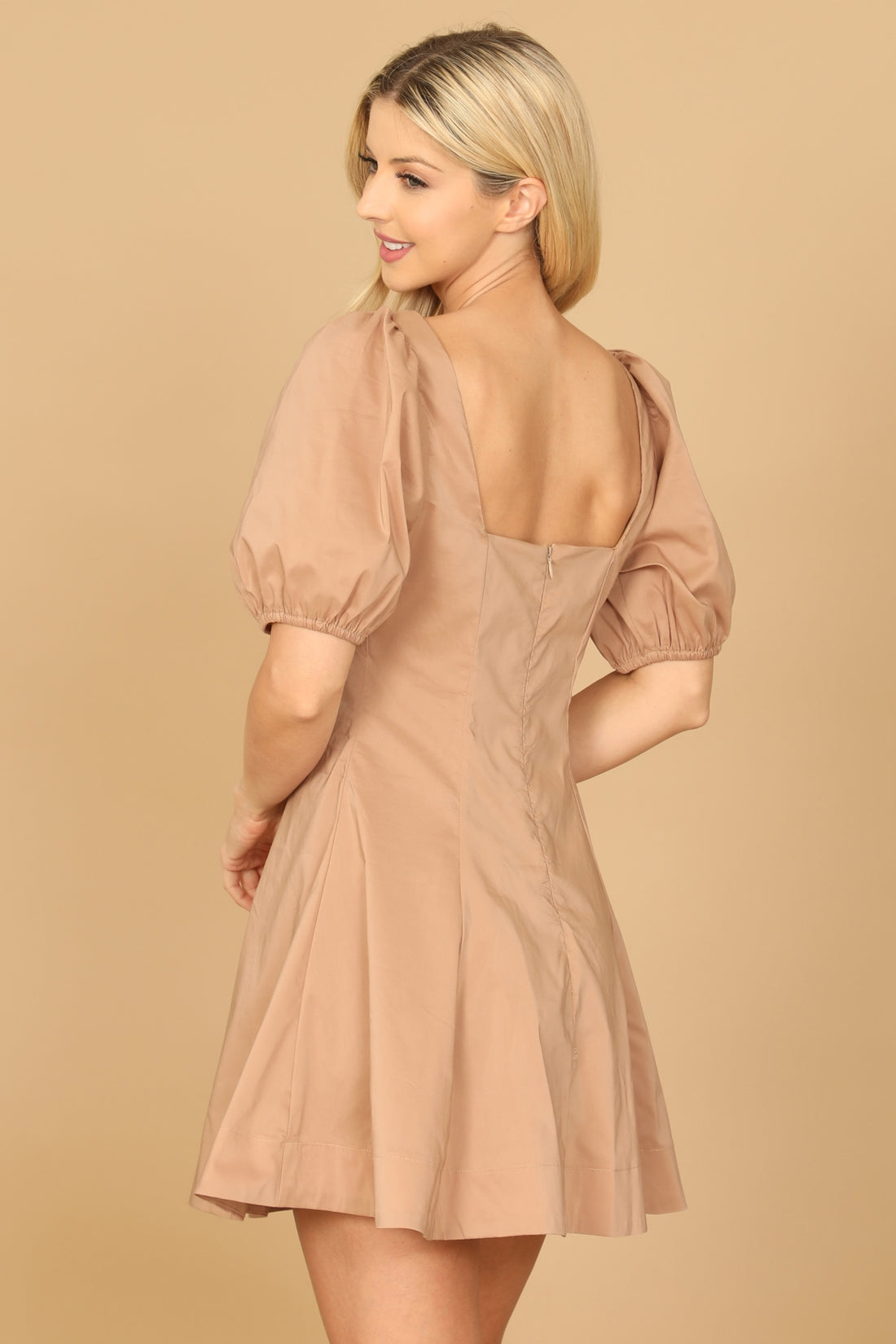 Brown Puff Sleeve Scoop Neck A-Line Dress