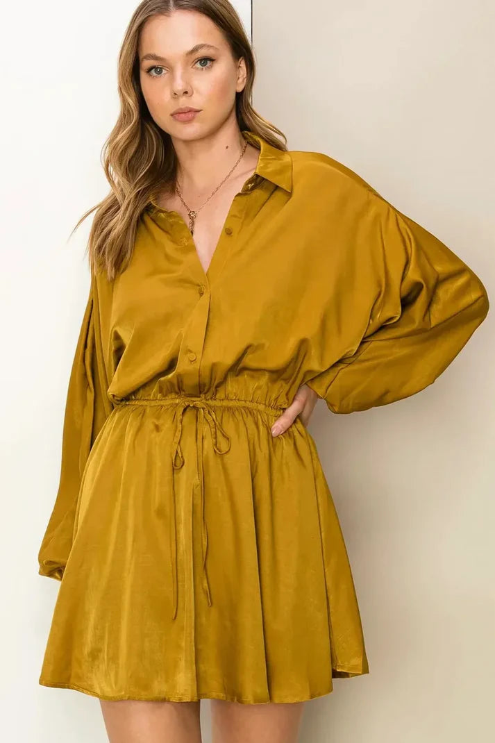 Button Front Balloon Sleeve Mini Dress Women&