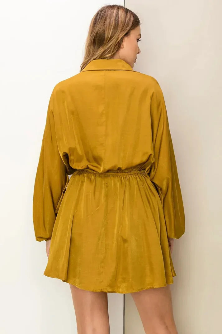 Button Front Balloon Sleeve Mini Dress Women&