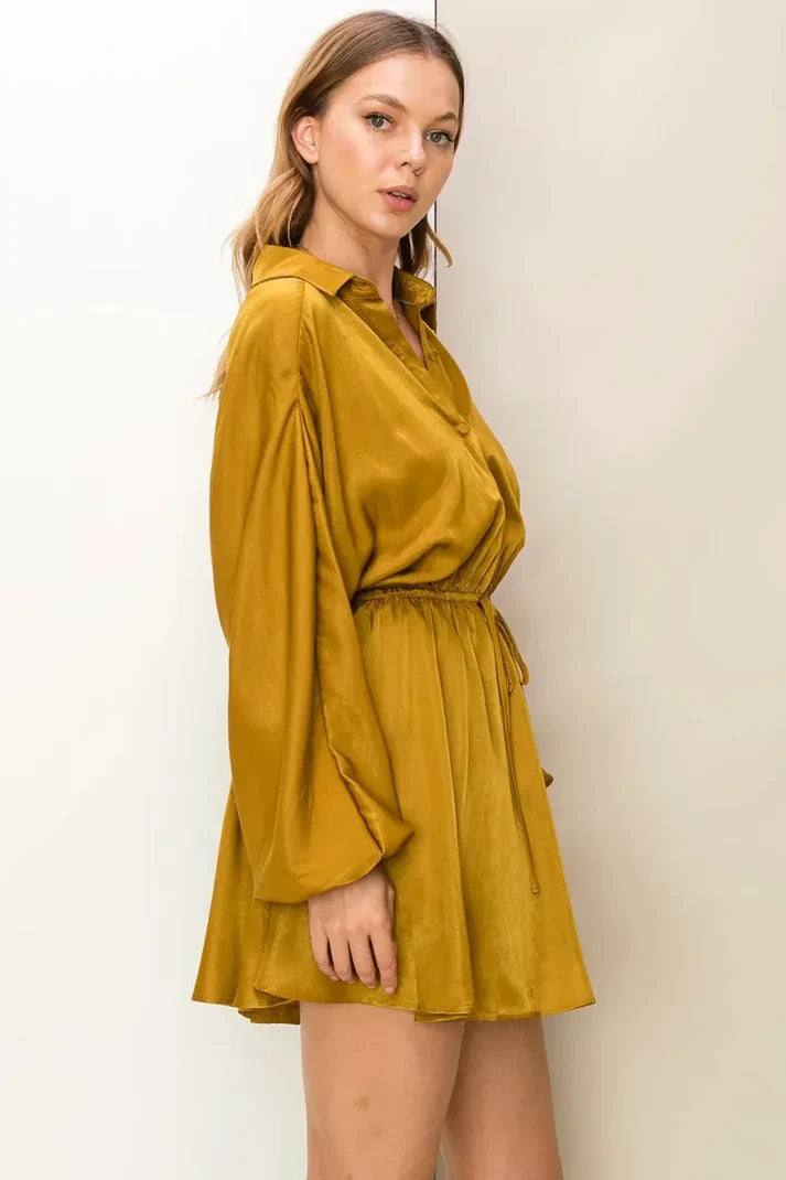 Button Front Balloon Sleeve Mini Dress Women&