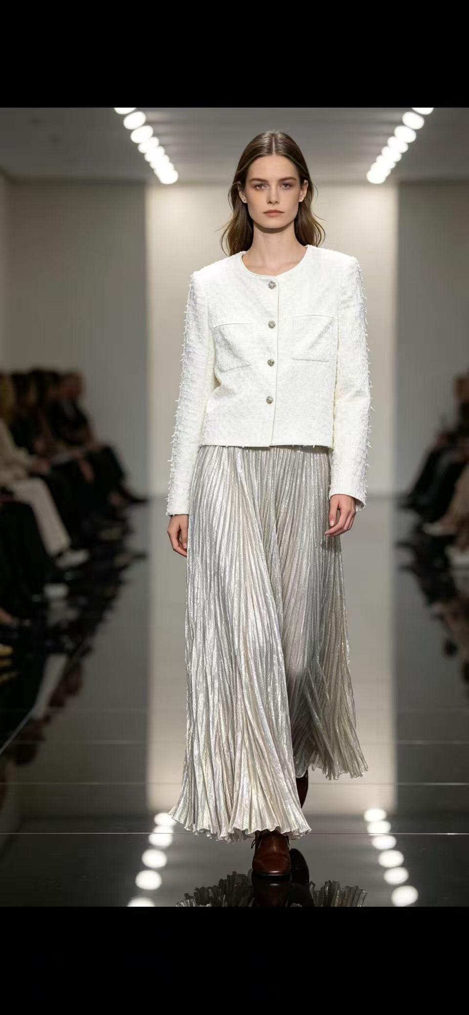 SHORT TITLE: Metallic Pleated Maxi Skirt