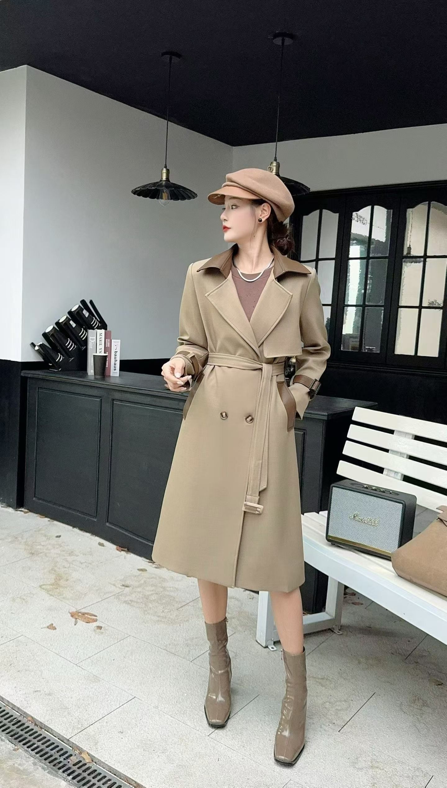 Contrast Collar Double-Breasted Long Trench Coat - With Belt