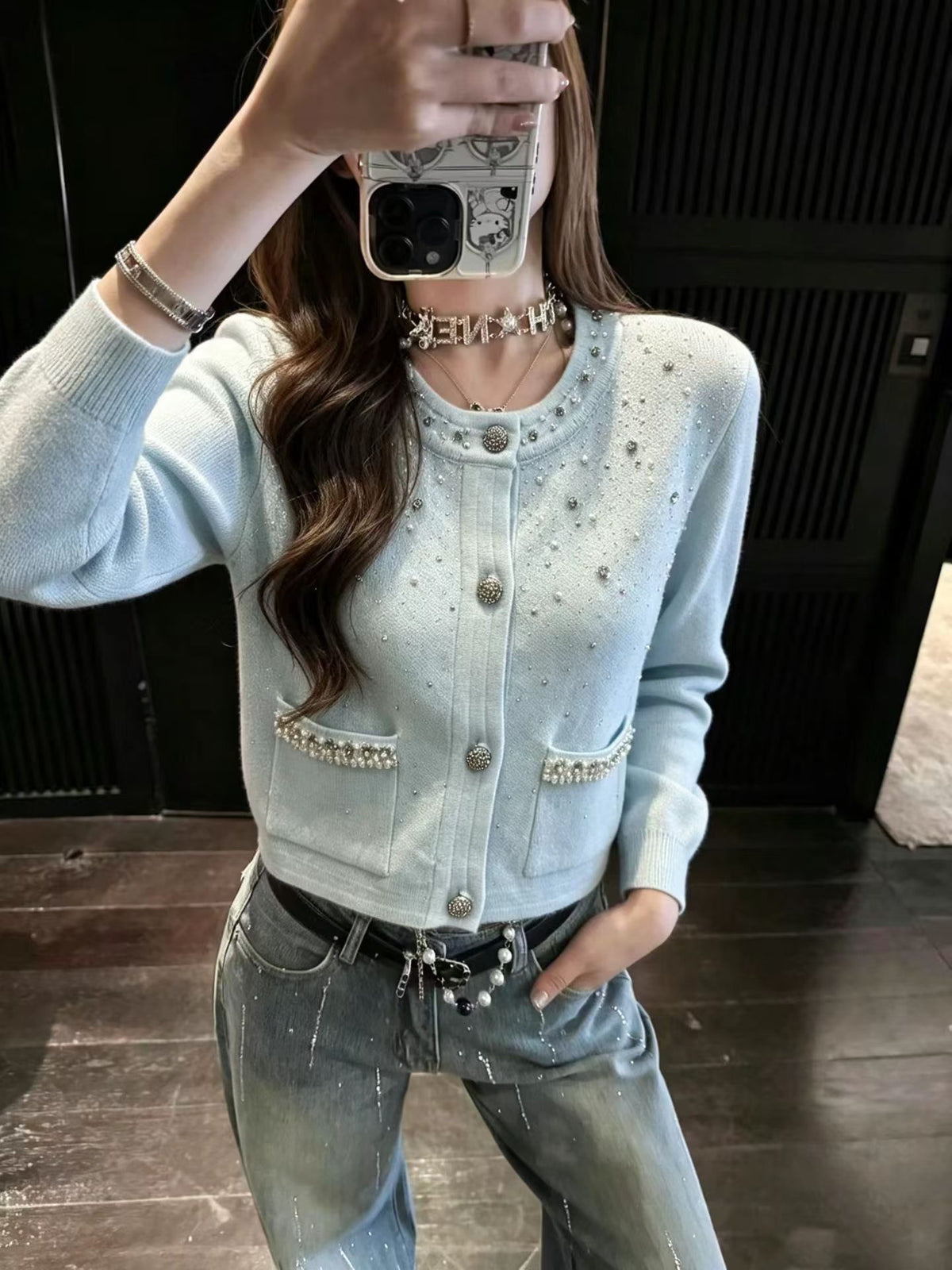 Rosé Pearl Cardigan - Luxury Beaded Knit Cardigan with Rhinestone &amp; Pearl Details