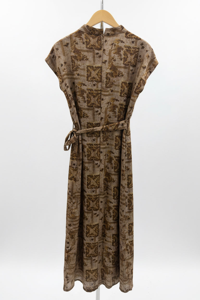 The Vintage Baroque Belted Midi Dress - Brown Mosaic