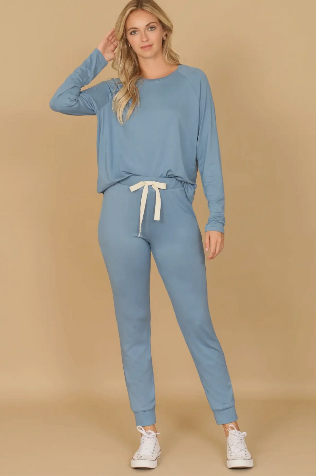 CNTBL Solid Long Sleeve Top and Joggers Set with Self Tie